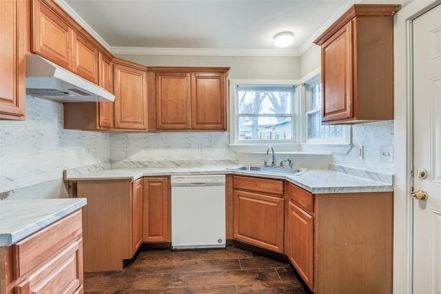 kitchen featuring dishwasher, dark hardwood / wood-style floors, decorative backsplash, sink, and ornamental molding