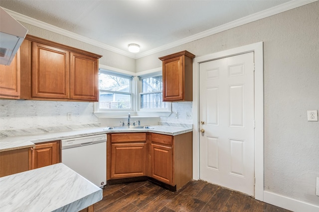 kitchen with exhaust hood, dark hardwood / wood-style floors, sink, crown molding, and white dishwasher