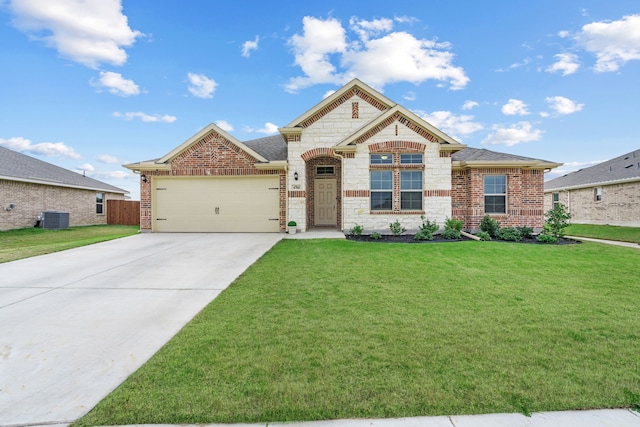 craftsman house featuring a garage, central AC, and a front lawn