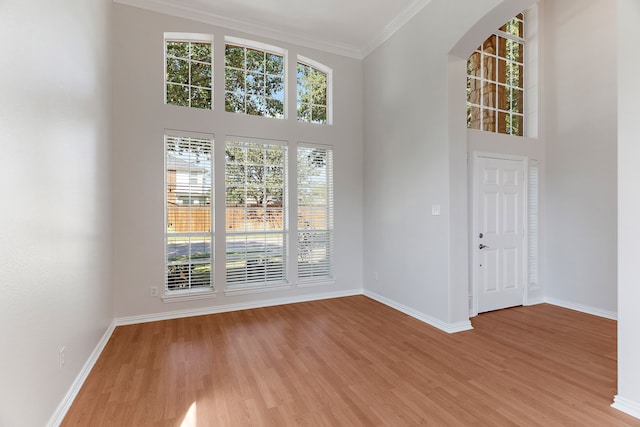 interior space featuring a towering ceiling, light hardwood / wood-style flooring, and crown molding