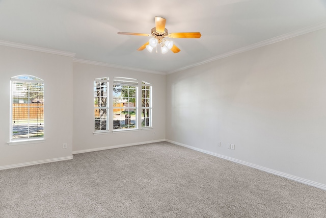 carpeted spare room featuring ceiling fan and crown molding