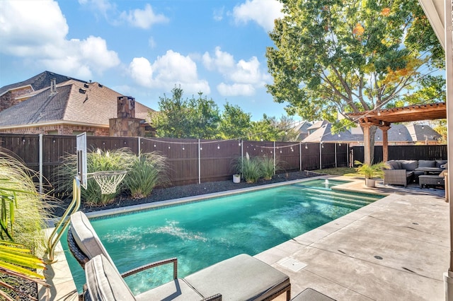 view of pool featuring an outdoor living space and a patio area