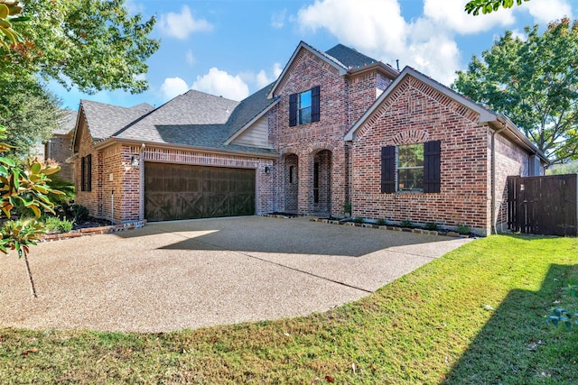 view of front of property featuring a garage and a front lawn