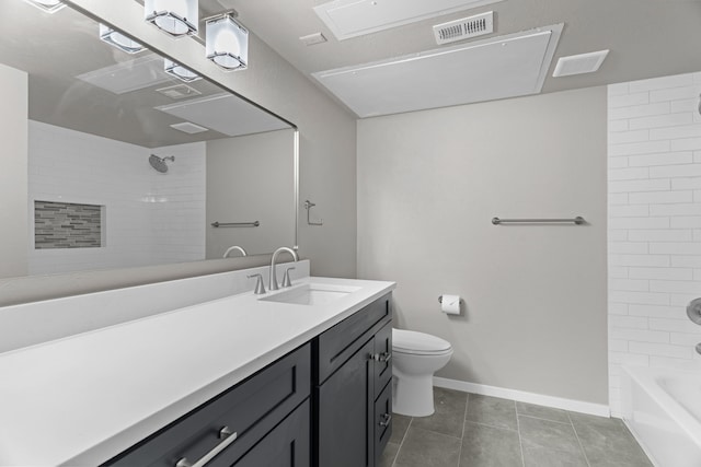 full bathroom featuring tile patterned flooring, vanity, toilet, and tiled shower / bath combo