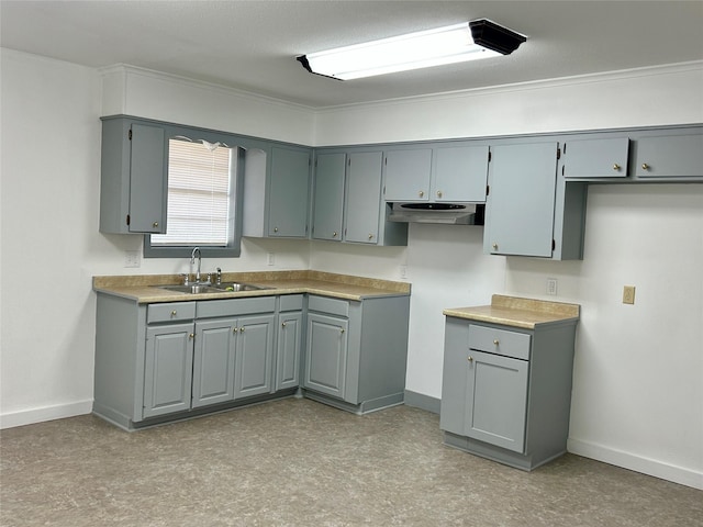 kitchen with gray cabinets, crown molding, and sink