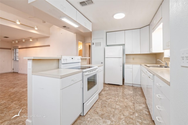 kitchen featuring kitchen peninsula, white cabinetry, white appliances, and sink