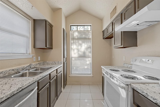 kitchen with a textured ceiling, white range with electric stovetop, vaulted ceiling, sink, and dishwasher