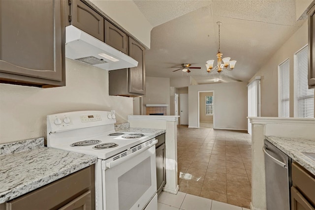 kitchen featuring stainless steel dishwasher, a textured ceiling, ceiling fan with notable chandelier, white range with electric cooktop, and light tile patterned flooring