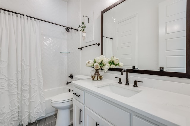 full bathroom with tile patterned floors, vanity, shower / bath combo, and toilet