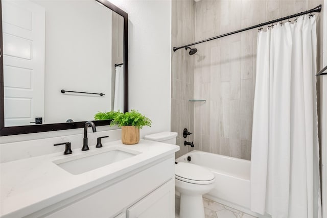 full bathroom featuring shower / bath combo with shower curtain, vanity, and toilet