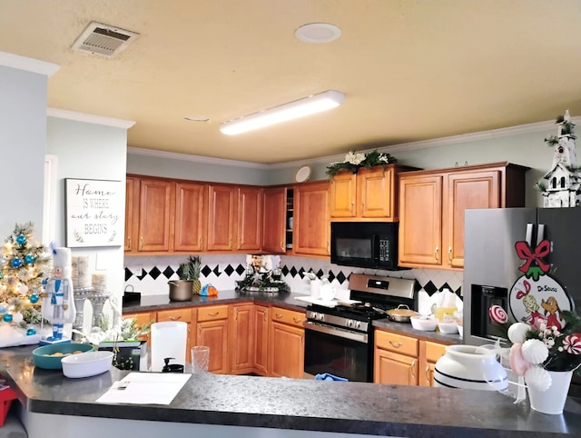 kitchen with backsplash, stainless steel appliances, and crown molding