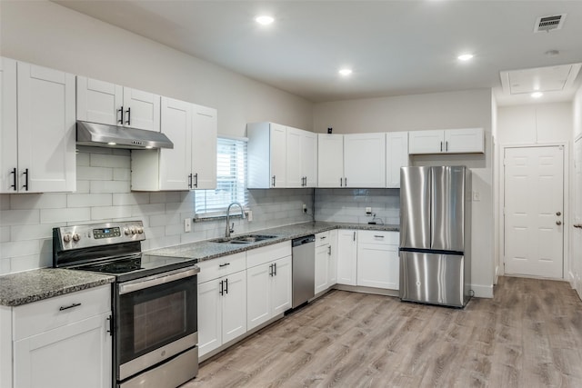 kitchen with stone countertops, sink, white cabinets, and appliances with stainless steel finishes