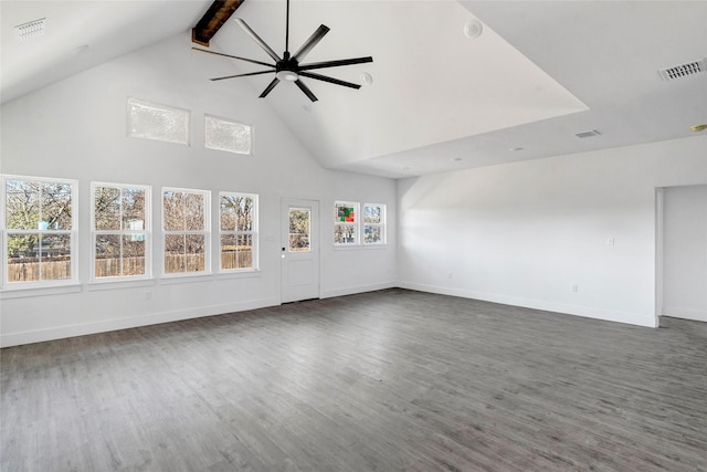 unfurnished living room featuring beam ceiling, ceiling fan, and dark hardwood / wood-style floors