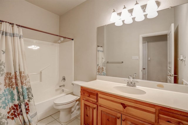 full bathroom with toilet, shower / tub combo, vanity, and tile patterned floors