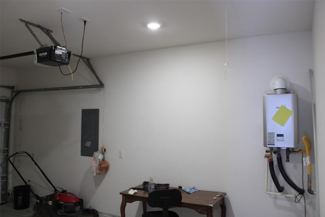 garage with tankless water heater, a garage door opener, and electric panel