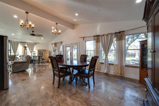 dining space with vaulted ceiling with beams, an inviting chandelier, and french doors