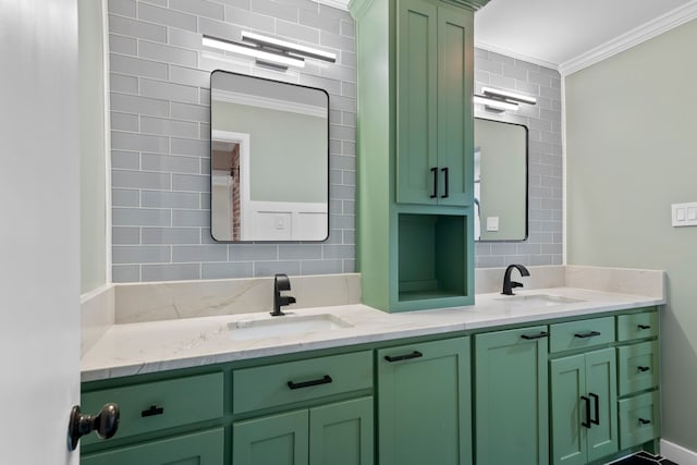 bathroom featuring vanity, ornamental molding, and backsplash