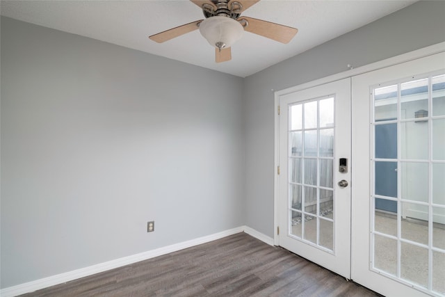 doorway to outside featuring ceiling fan, french doors, and hardwood / wood-style floors