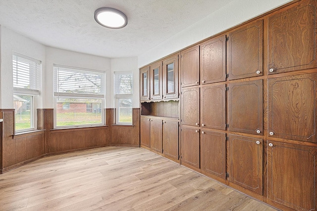 interior space with wood walls, light hardwood / wood-style floors, and a textured ceiling