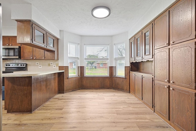 kitchen featuring kitchen peninsula, a textured ceiling, electric stove, decorative backsplash, and light wood-type flooring