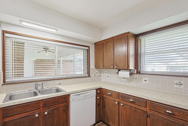 kitchen featuring dishwasher, decorative backsplash, a healthy amount of sunlight, and sink