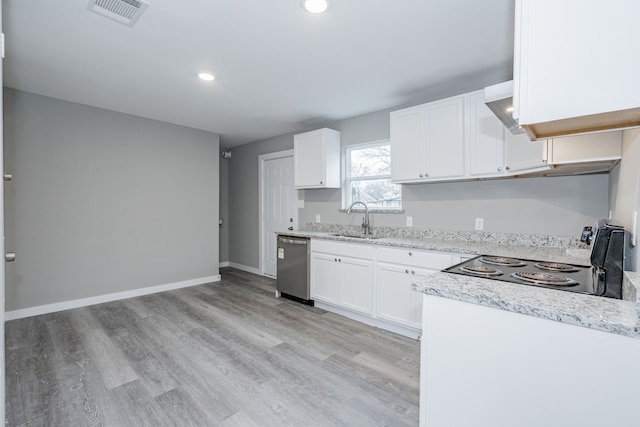 kitchen with sink, range, dishwasher, light hardwood / wood-style floors, and white cabinets