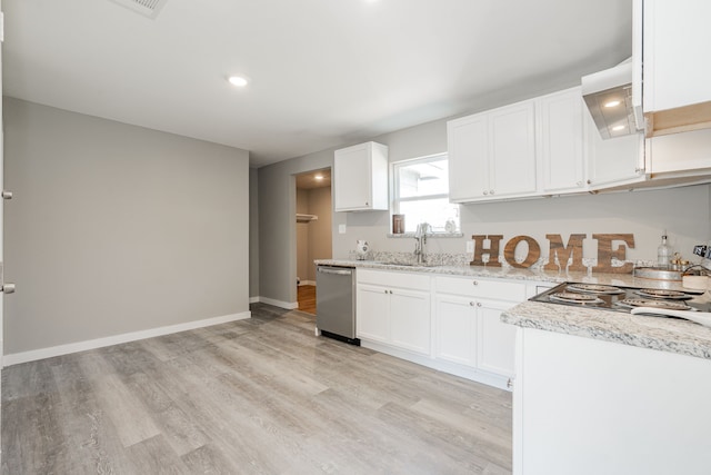 kitchen featuring light wood-type flooring, a sink, stainless steel dishwasher, white cabinets, and baseboards