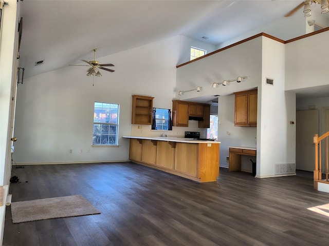 kitchen featuring a kitchen bar, kitchen peninsula, plenty of natural light, and dark hardwood / wood-style floors