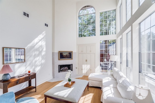 living room featuring a high ceiling and light hardwood / wood-style flooring