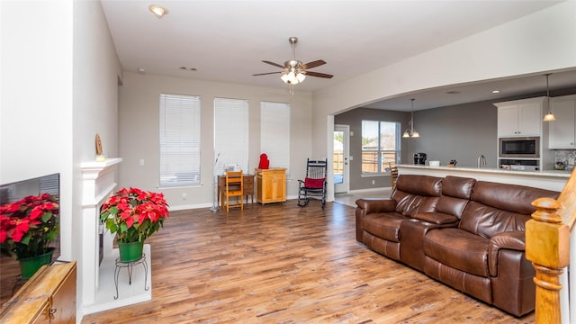 living room featuring ceiling fan with notable chandelier and light wood-type flooring