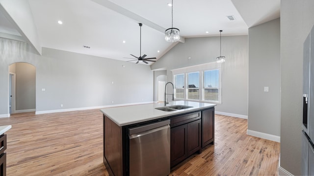 kitchen with pendant lighting, sink, ceiling fan, an island with sink, and stainless steel dishwasher