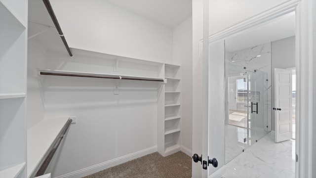 walk in closet featuring light carpet