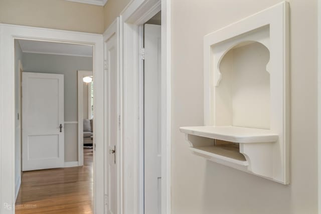 hallway featuring hardwood / wood-style flooring and ornamental molding