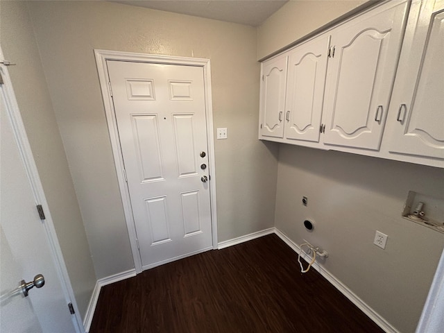 washroom with cabinets, washer hookup, dark hardwood / wood-style floors, and hookup for an electric dryer