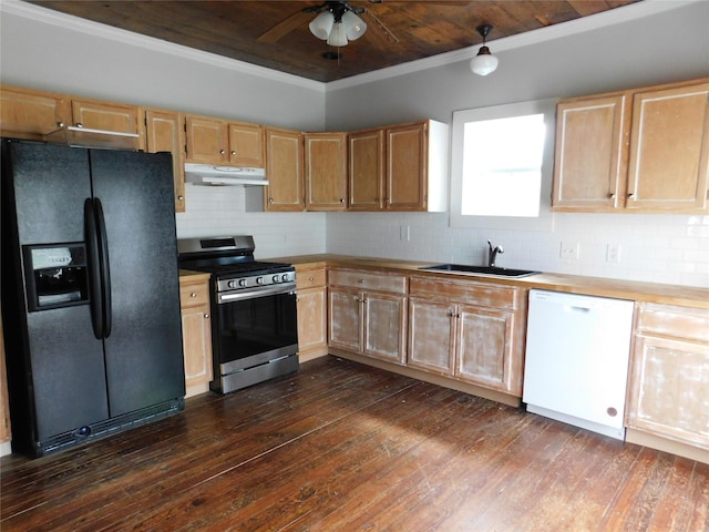 kitchen featuring stainless steel gas stove, dishwasher, sink, dark hardwood / wood-style floors, and black fridge with ice dispenser