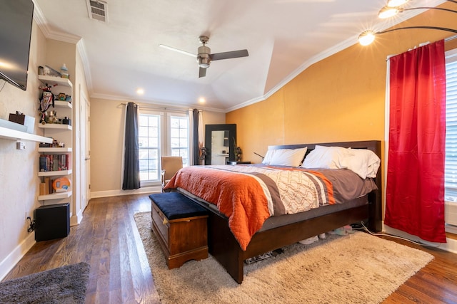 bedroom featuring crown molding, lofted ceiling, ceiling fan, and dark hardwood / wood-style flooring