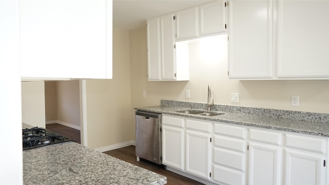 kitchen featuring sink, dark hardwood / wood-style floors, light stone counters, white cabinets, and stainless steel dishwasher