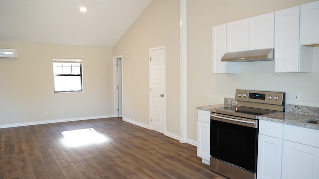 kitchen featuring stainless steel electric stove, white cabinetry, lofted ceiling, dark hardwood / wood-style flooring, and a wall unit AC