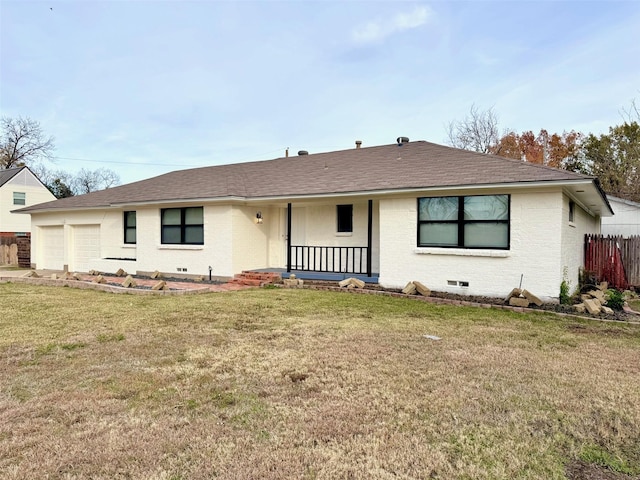 ranch-style home featuring a garage, a front lawn, and a porch