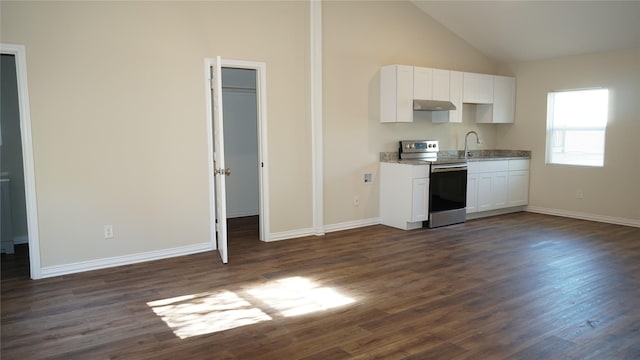 kitchen with sink, high vaulted ceiling, dark hardwood / wood-style floors, stainless steel electric stove, and white cabinets