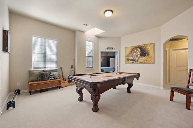 game room featuring light colored carpet and billiards