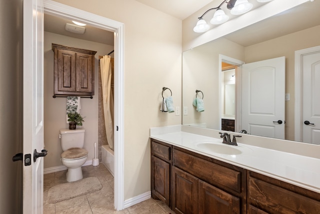 full bathroom featuring shower / tub combo with curtain, vanity, tile patterned floors, and toilet