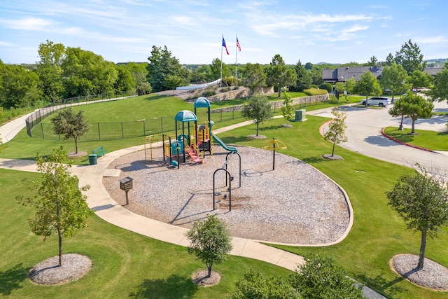 view of play area featuring a lawn