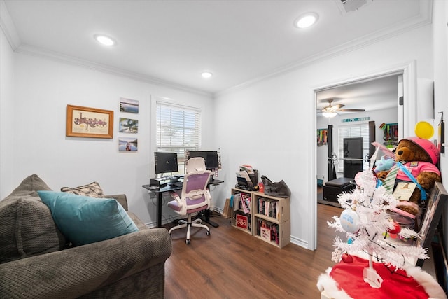 office area featuring crown molding and dark hardwood / wood-style floors