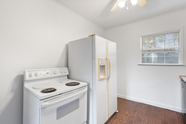 kitchen featuring dark hardwood / wood-style flooring, ceiling fan, and white appliances