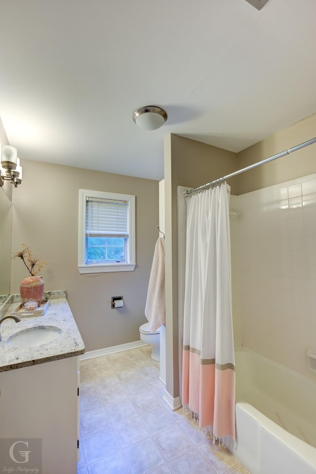 full bathroom featuring shower / bath combination with curtain, vanity, and toilet