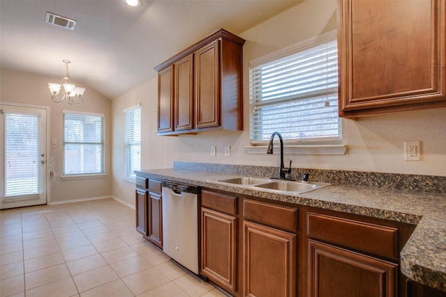 kitchen with lofted ceiling, sink, decorative light fixtures, light tile patterned floors, and stainless steel dishwasher