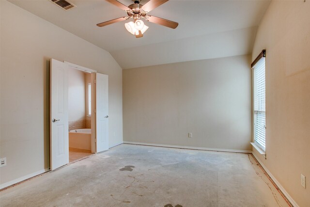 interior space with vaulted ceiling and ceiling fan