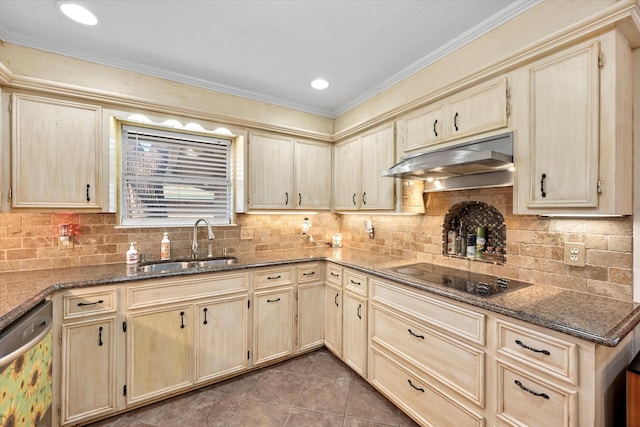 kitchen with stainless steel dishwasher, black electric stovetop, sink, and dark stone counters