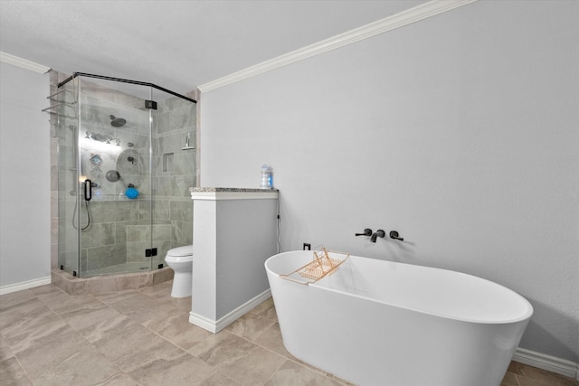 bathroom with crown molding, independent shower and bath, and toilet